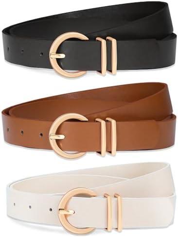 Huyfhksd 3 Pack Women Leather Belt for Jeans Pants Dresses Fashion Ladies Waist Belts with Gold Buckle L