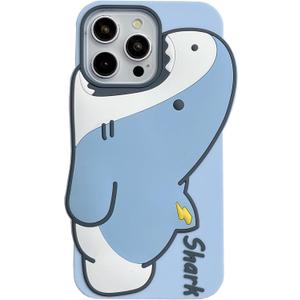 Cute Silicone Case for iPhone 16 6.1''Cool Fun 3D Cartoon Blue Shark Kawaii Phone Case Soft Rubber Bumper Funny Cover for iPhone 16
