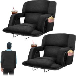 Extra Wide Bleacher Chairs with Back and Cushion Folding Stadium Chairs, Sofa Style Design 6 Reclining Positions Waterproof Bleacher Seats (2, Black, Wide-26in)