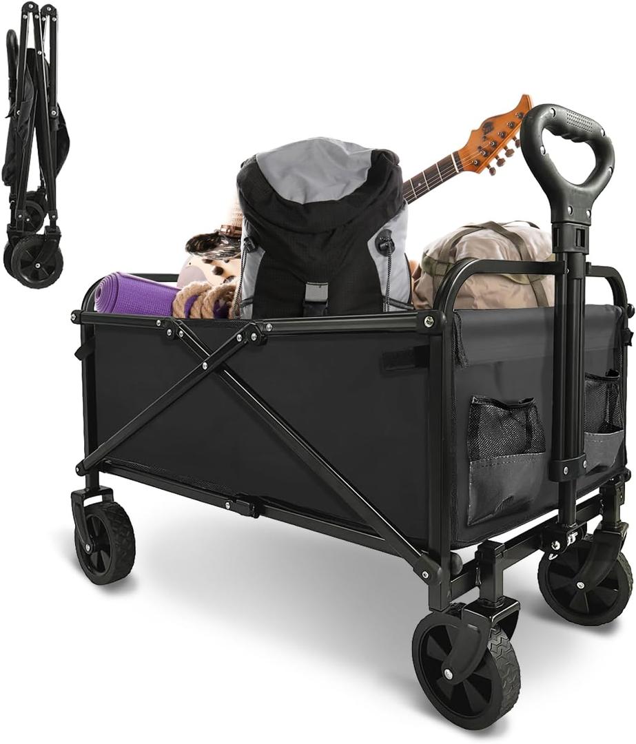 Collapsible Foldable Wagon, Beach Cart Large Capacity, Heavy Duty Folding Wagon Portable, for Outdoor Sports, Shopping, Camping, Black