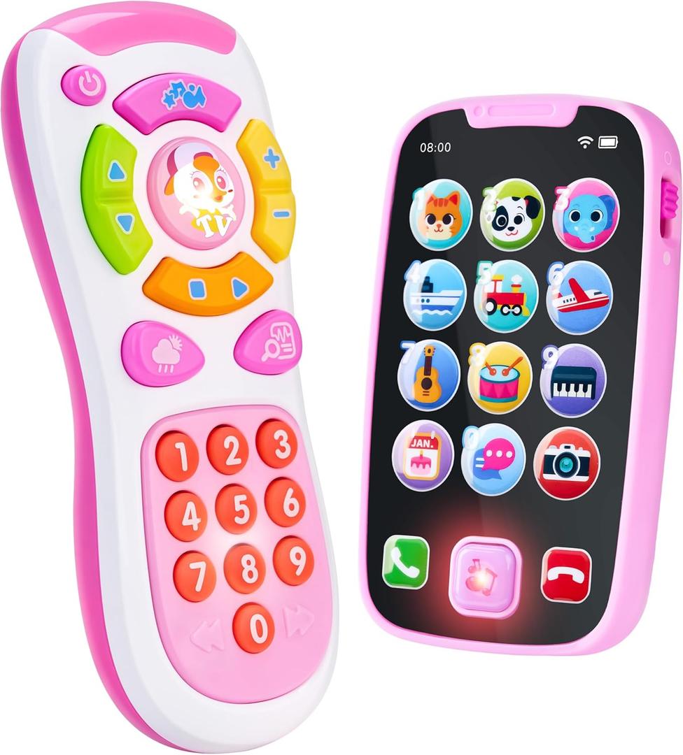 JOYIN Baby Learning Phone and Remote Toy for Toddler, Pink Smartphone Toys with Music for Infants, Kids, Holiday Stocking Stuffers, Birthday Gift for Girls, Easter Basket Stuffers, Pink Phone and Remote Toy with Bird