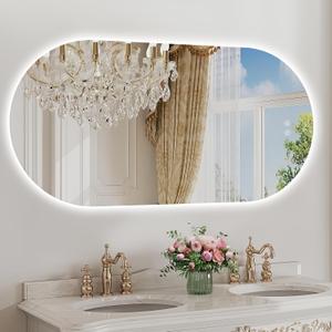 48"x24" Oval Led Mirror for Bathroom, Frameless Vanity Mirror with Lights, Modern Lighted Bathroom Mirror Wall Mounted, Anti Fog Smart Mirror with 3 Colors Adjustable Vertical/Horizontal