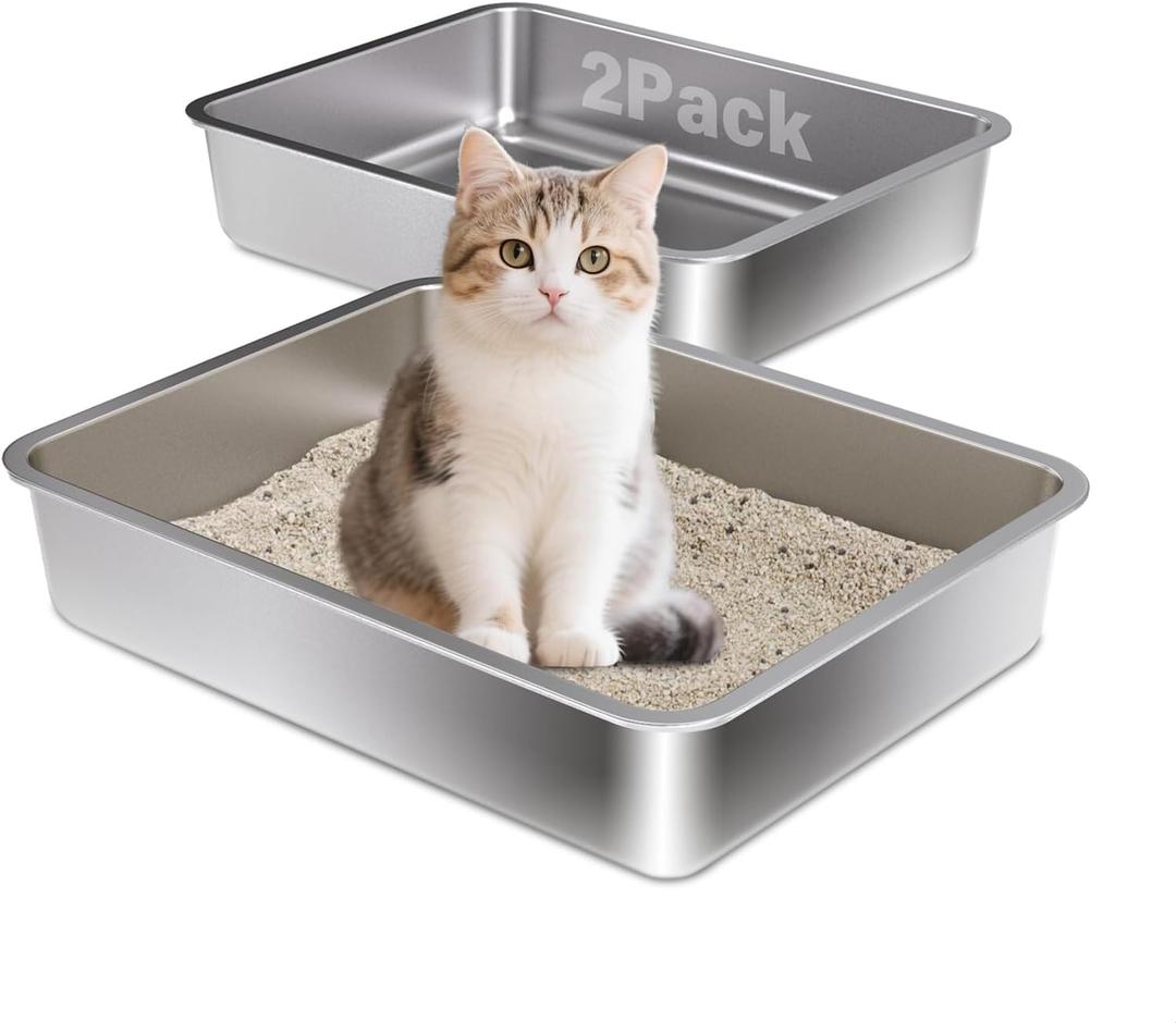 Stainless Steel Litter Box,Small Litter Box 2 Pack 17.7" x 13.7" x 4",Easy Entry Metal Litter Boxes for Kittens Cat Kitty Rabbits,Easy Clean Non Stick No Smell