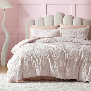 Bedsure Pink Duvet Cover Queen Size with Bowknot Jacquard Design, Soft and Elegant Boho Bedding Set, Luxurious Craftsmanship for a Stylish Bedroom, Includes 1 90"x90" Duvet Cover & 2 Pillow Shams