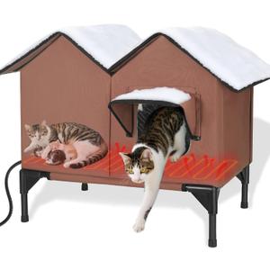 Heated Cat House for Outside Winter, Large Heated Outdoor Cat House Weatherproof, Elevated Bed, Escape Door, Insulated Outdoor Cat Shelter with Heater for Multiple Cats Feral Stray Kitty, Easy Setup