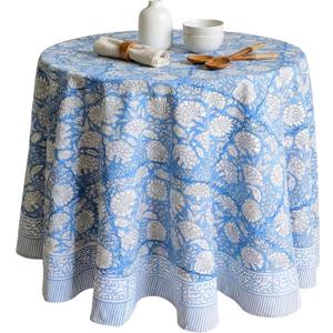 ATOSII Azora Blue 100% Cotton Round Tablecloth, Handblock Print Floral Table Cloth for Kitchen Dining Linen I Parties, Weddings, Outdoors I 90" Inches Round
