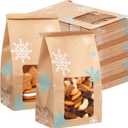 Sweetude Snowflake Bakery Bags With Window 4 x 2.36 x 6.7" Winter Kraft Paper Iron Wire Tie Tab Lock Brown for Cookies, Coffee Holiday Theme Party Favors (60 Pcs)