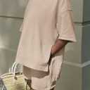 PRETTYGARDEN Women's 2 Piece Lounge Sets 2025 Summer Short Sleeve Tunic Tops Drawstring Shorts Matching Outfits Tracksuits (Beige, Small) (S)