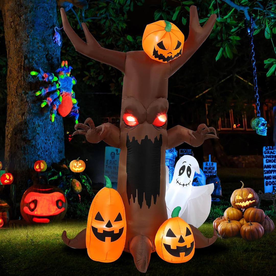 9ft Pumpkin Ghost Tree Halloween Inflatable Outdoor Decoration, Courtyard Decoration with LED Lights, for Outdoor Lawn, Garden, Family Vacation Party