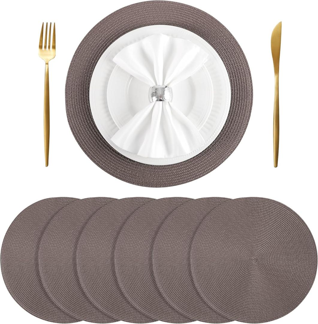 Placemats Set of 6, Round Placemats for Dining Table, Washable Woven Non-Slip Placemats, 15 inch, Brown