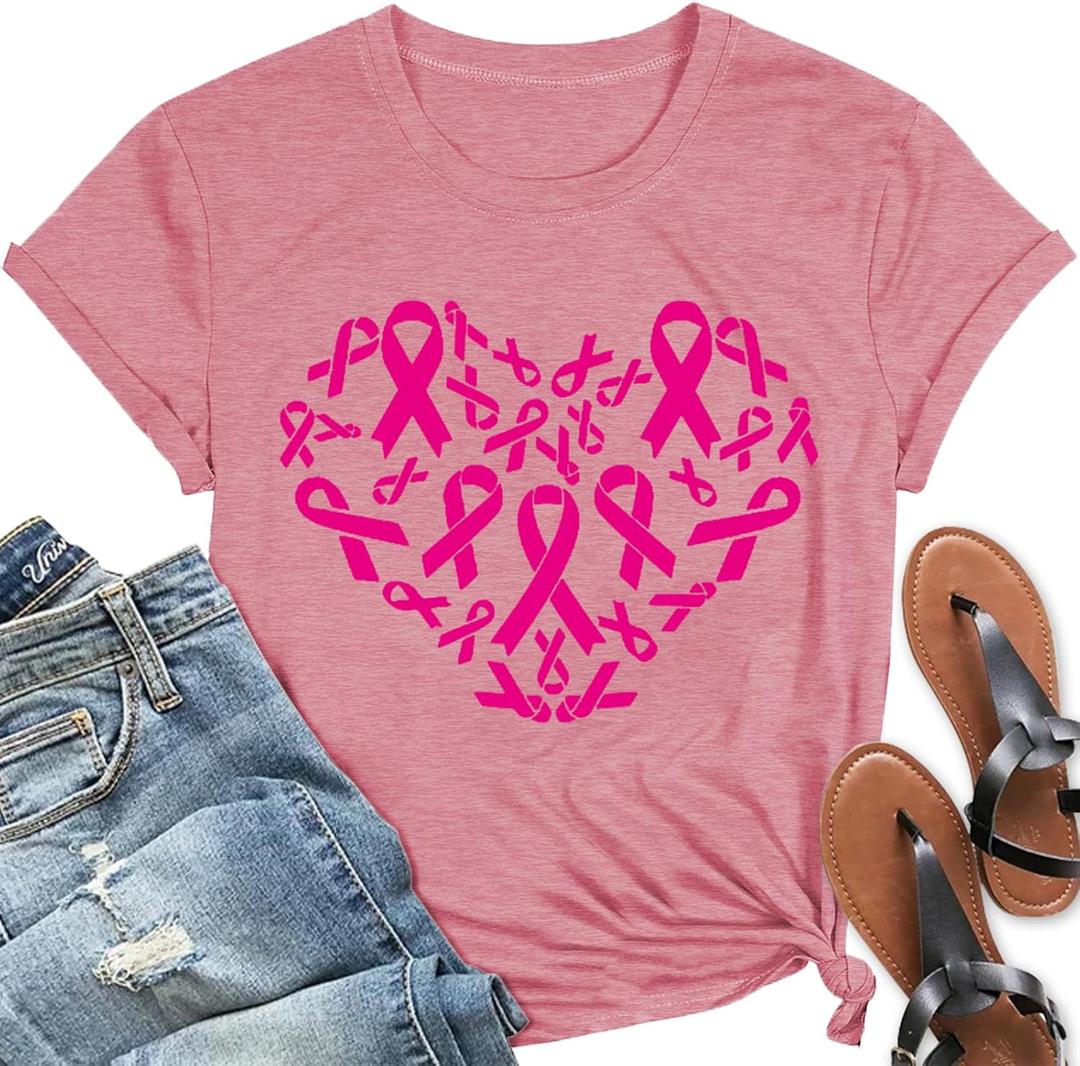 Breast Cancer Shirts Women Pink Ribbon Heart Tshirt Breast Cancer Awareness Tops (Medium)