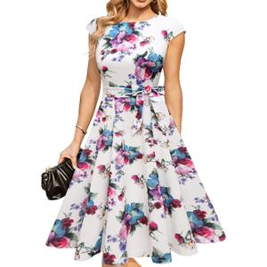DRESSTELLS Women's Cocktail Dresses, Formal Wedding Guest Modest Church Vintage Tea Party Midi Evening Dress (White), 3XL