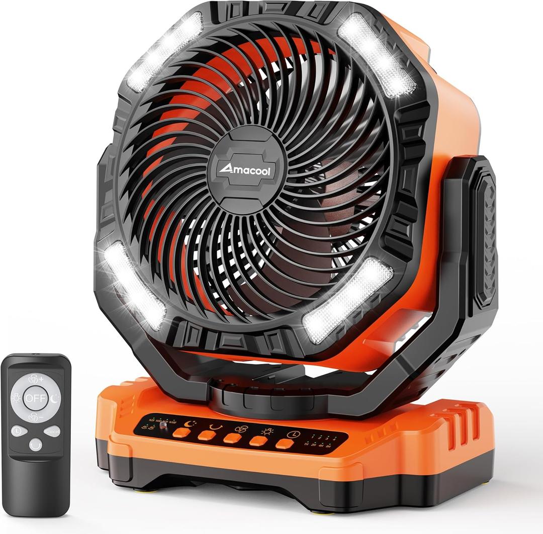 40000mAh Rechargeable Camping Fan, Battery Operated Fan with Light & Remote, 12" Portable Outdoor Fan, Auto Oscillating Battery Powered Floor Fan for Tent RV Car Travel Jobsite Hurricane Power Outages (Orange)