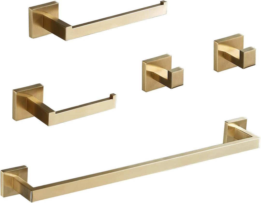 Bathroom Hardware Set 24-Inch Towel Bar,2pcs Towel Hook,Toilet Paper Holder,Hand Towel Holder Stainless Steel Brushed Gold Bathroom Accessories GTS3190BG