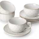 MALACASA 8 OZ Cappuccino Cups with Saucers Set of 4 - Ceramic Stackable Tea Cups and Saucers, Embossment Coffee Mugs for Tea, Latte and Mocha, Dishwasher Safe, Arctic white, LYDIA Series