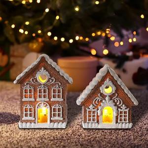 Decorations Gingerbread House Kit 2PCS with LED Light - 3 Inch Miniature Resin Houses for Indoor Home Decor, Family Room Aesthetic