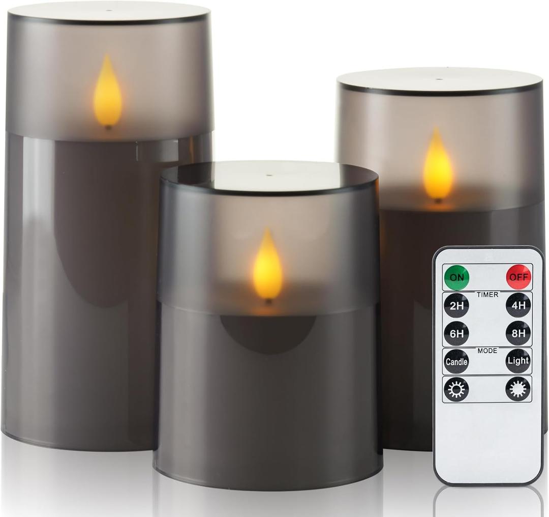 Homemory Flameless Candles Set of 3, Grey Acrylic LED Candles Upgraded Realistic Battery Operated Flames with Remote & Timer, Waterproof for Indoor,Outdoor Decor, Halloween & Christmas Lanterns (D3.15"H4"5"6", Gray)