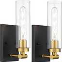Emak Black and Gold Wall Sconces Set of Two, Modern Wall Sconce with Clear Glass Shade, Farmhouse 2 Light Bathroom Vanity Light for Living Room, Bedroom, Gallery, WS086-BKBGD-CG-2PK