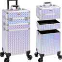 3 in 1 Rolling Makeup Train Case Professional Large Cosmetic Trolley Cosmetology Case on Wheels Traveling Cart Trunk for Hairstylist Artist Nail Beauty Salon Barber, Silver