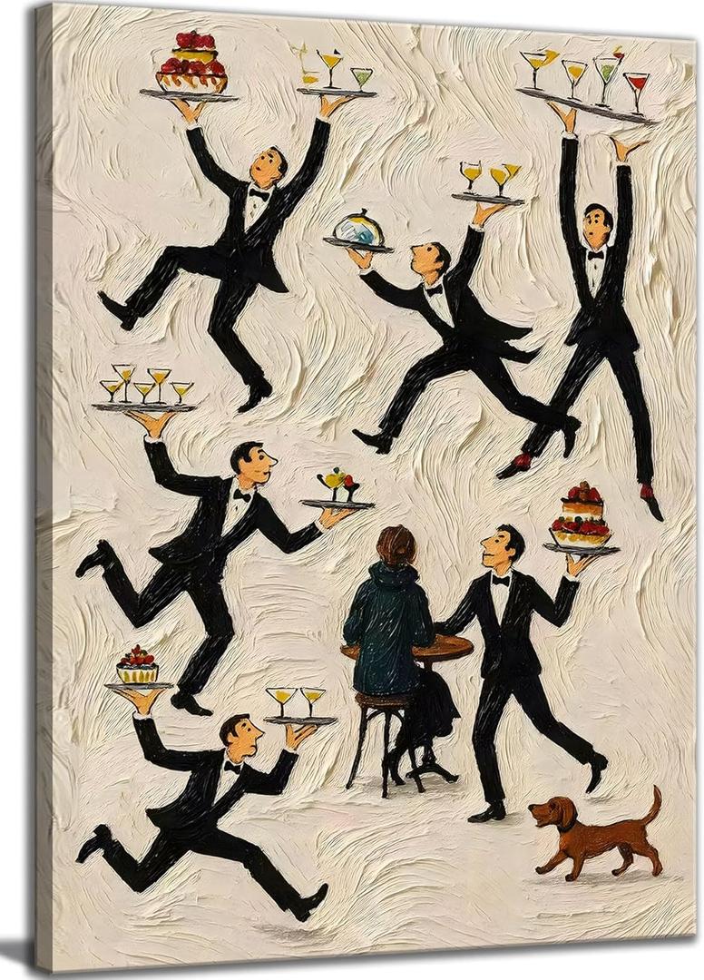 Fun Kitchen People Canvas Wall Art Retro Bar Cart Cafe Decor Pictures Surreal Restaurant Food Drink Poster Print for Bathroom Living Room Corridor Bedroom Decoration