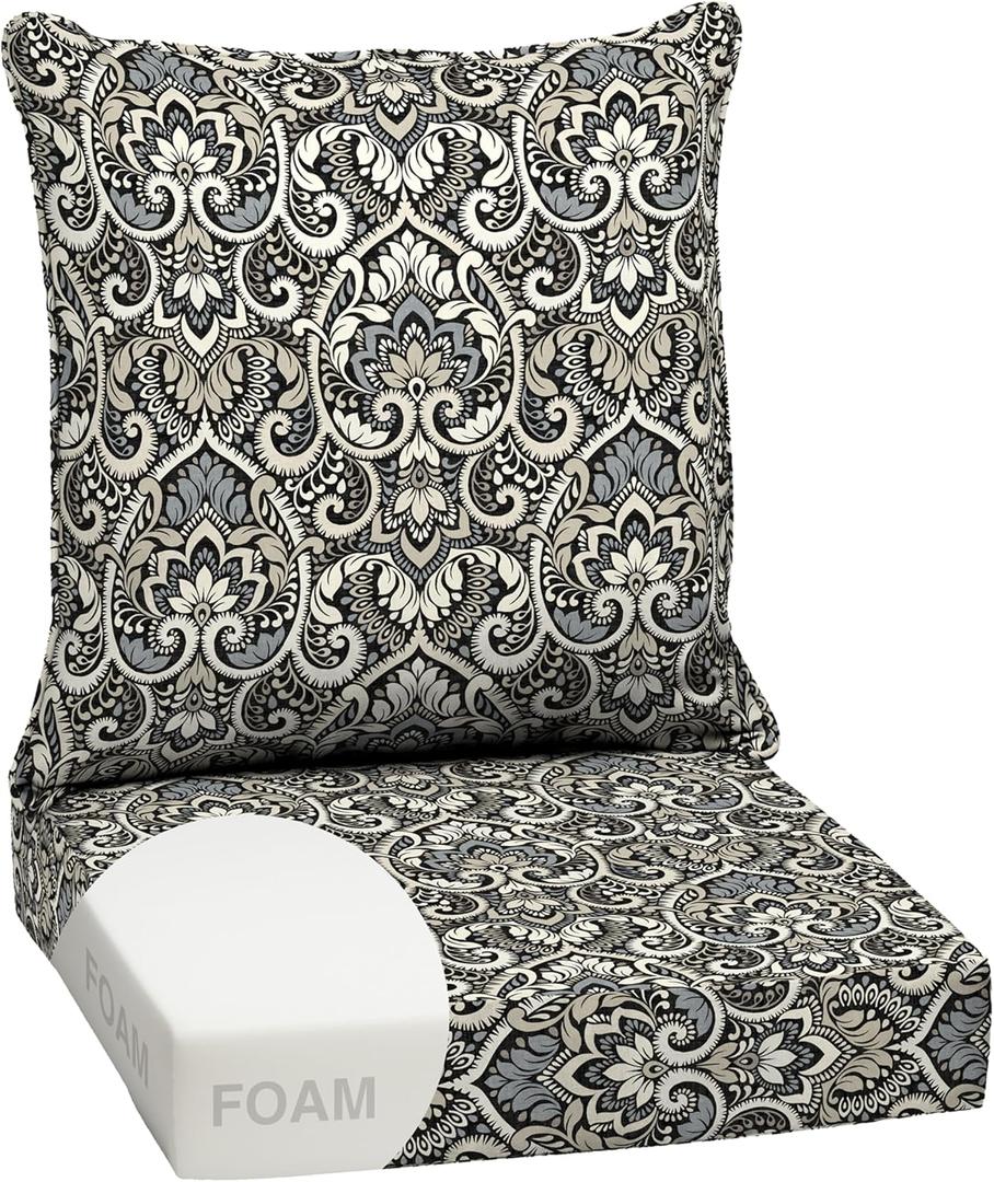 Arden Outdoor Foam Deep Seat Cushion Set, 24 in x 24 in, Weather-Proof, Rain-Proof, Fade Resistant Patio Cushion, Bottom and Back Cushion for Chair, Sofa, and Couch Black Aurora Damask