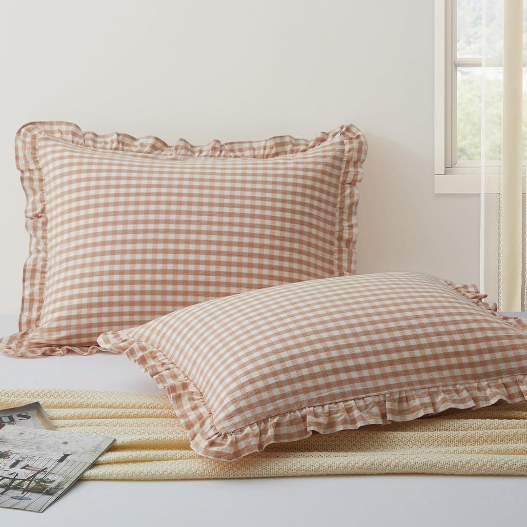 KKJIAF 2 Pcs Plaid Ruffle Pillow Case Standard Size, Cotton Gingham Ruffled Euro Sham Pillow Covers 20x26 Inch, Linen Feel Plaid Bed Pillow Shams with Envelope Closure for Sofa Bed (Light Pink Plaid)
