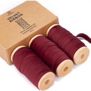Vitalizart Red Velvet Ribbon Set 3/8" x 15 Yd Burgundy Wooden Spool Fabric Trim 3 Rolls * 5 Yd for Christmas Wreath Decoration Handmade Craft Ornaments Gift Wrapping & Bow Making