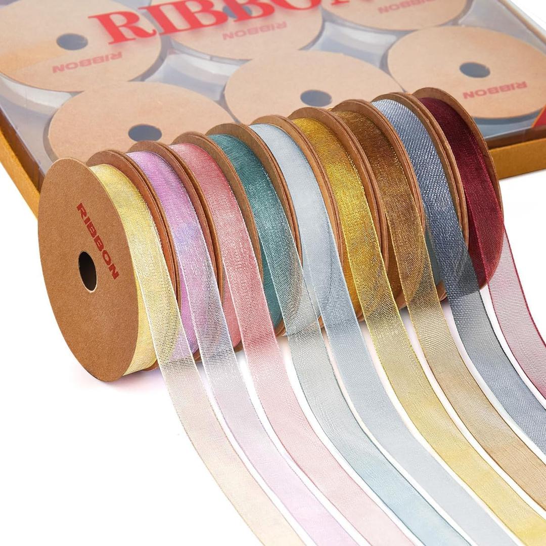 3/8" x 90 Yards Organza Ribbon Set 9 Rolls x 10 Yards Sheer Ribbon for Gift Wrapping Crafts Christmas Decorating, Embroidery, Crafting, Sewing,Wedding, Birthday Party. (Mixed Color-5)