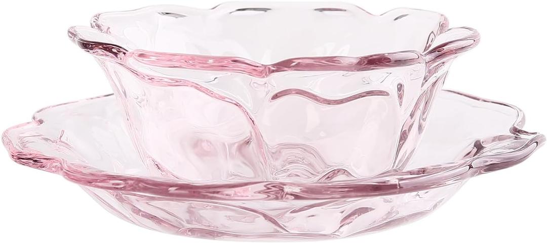 Light Pink Glass Desert Plate and Bowl Set, Appetiser Desert Plates Salad Bowl for Dinner, Tea Party, Weddings, Kitchen Pink
