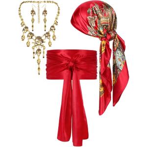 4 Pieces Women Pirate Costume Accessories Pirate Hat Head Scarf Sash Belt Necklace Earrings for Halloween Cosplay (One Size, Red)