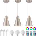 Dijiahua Brushed Nickel Battery Operated Pendant Lights Kitchen Island 3 Pack with Remote Control,Modern Wireless Rechargeable RGB Color Temperatures Hanging Lamp Fixtures with Silver Metal Shade