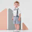 Volunboy Toddler Short Suspenders Outfits Baby Boys Summer Gentleman Suits Wedding Ring Bearer Bowtie Dressy Suits (White+Blue, 3-4T)