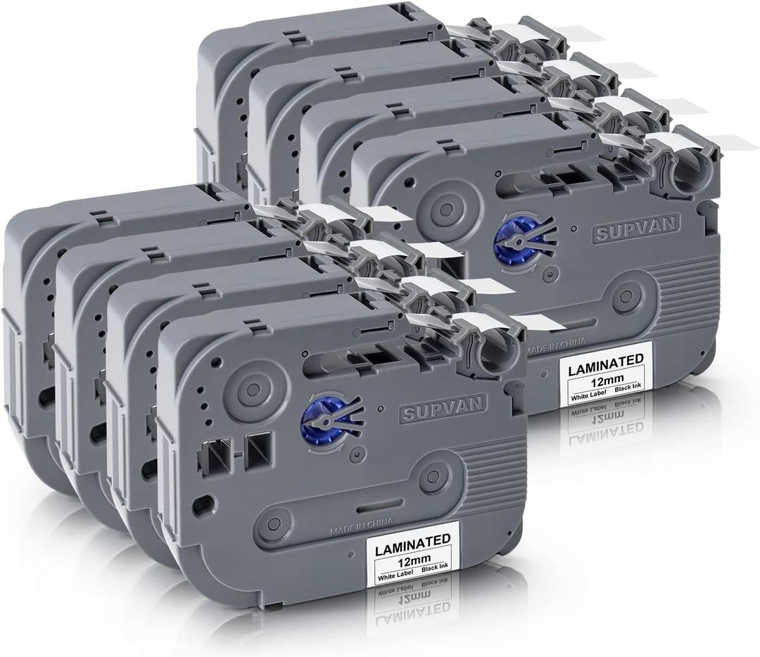 SUPVAN LP5120M Continous Label Maker Tape Adapted Label Print Paper 8 Packs Size 0.47in x 13.12ft Thermal Laminated Waterproof Self-Adhesive Multipurpose Labeling Tape Replacement Black on White