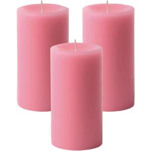 Mister Candle Dripless Unscented Pillar Candles, Set of 3 Hand Poured Pink Pillar Candles, Solid Color Non-Scented Candles for Home Decor, Premium Wax, 80 Hr Burn Time, 3x6 Inch
