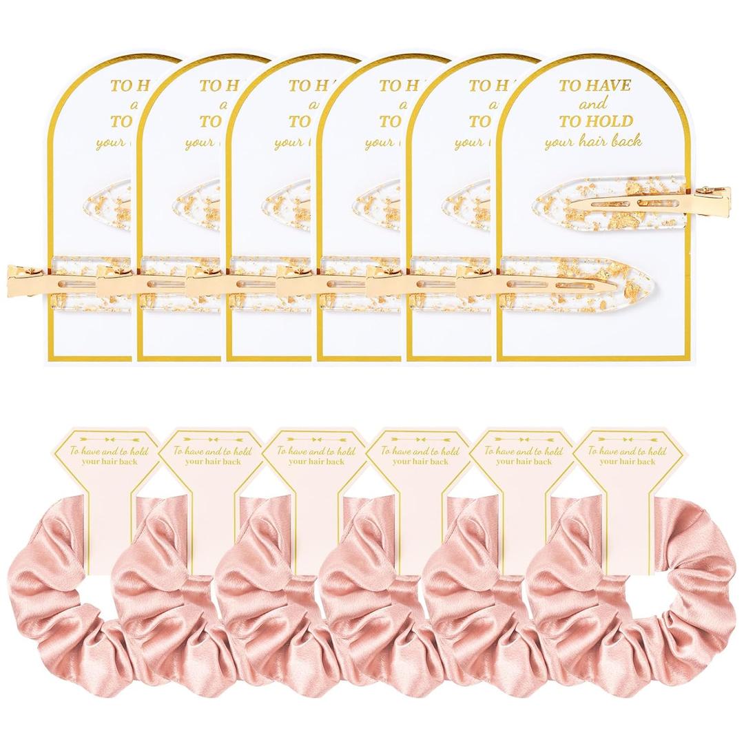 12 PCS Silk Satin Soft Hair Accessories - Bridesmaid & Wedding Favor - Bridal Shower Gifts for Women & Girls (Gold & Pink)