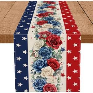 4th of July Table Runner Red White and Blue Flowers Stripe Stars 13x60 Inch Memorial Day Independence Day Patriotic Kitchen Table Decoration for Home