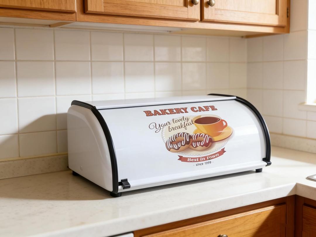 Metal Bread Box for Kitchen Countertop, White Small Stainless Steel Vintage Roll-Top Bread Bin, Farmhouse Bread Storage Container for Homemade Sourdough Loaf