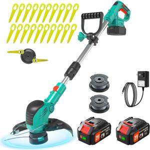 Electric Weed Wacker 21V String Trimmer with 2 Li-ion Battery 1 Charger and NO 16 Cutting Blades Weed Wacker for Lawn Yard Garden Bush Trimming & Pruning (Light Lake Green)