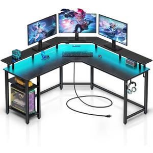 Rolanstar L Shaped Gaming Desk with LED Lights & Power Outlets, 53" Computer Desk with Full Monitor Stand & Storage Shelf, Corner Desk with Hooks, Black Desk Reversible (53*53*34.1 Inch)