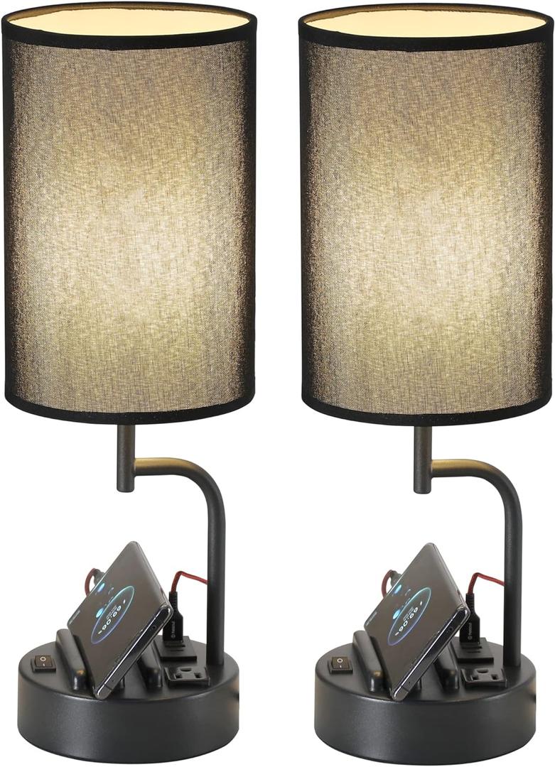 Dreamholder Table Lamp with 3 USB Charging Ports, Modern Desk Lamp with AC Outlet and Phone Stands, Perfect Bedside Lamp for Bedroom, Living Room, Office (Pack of 2), Black