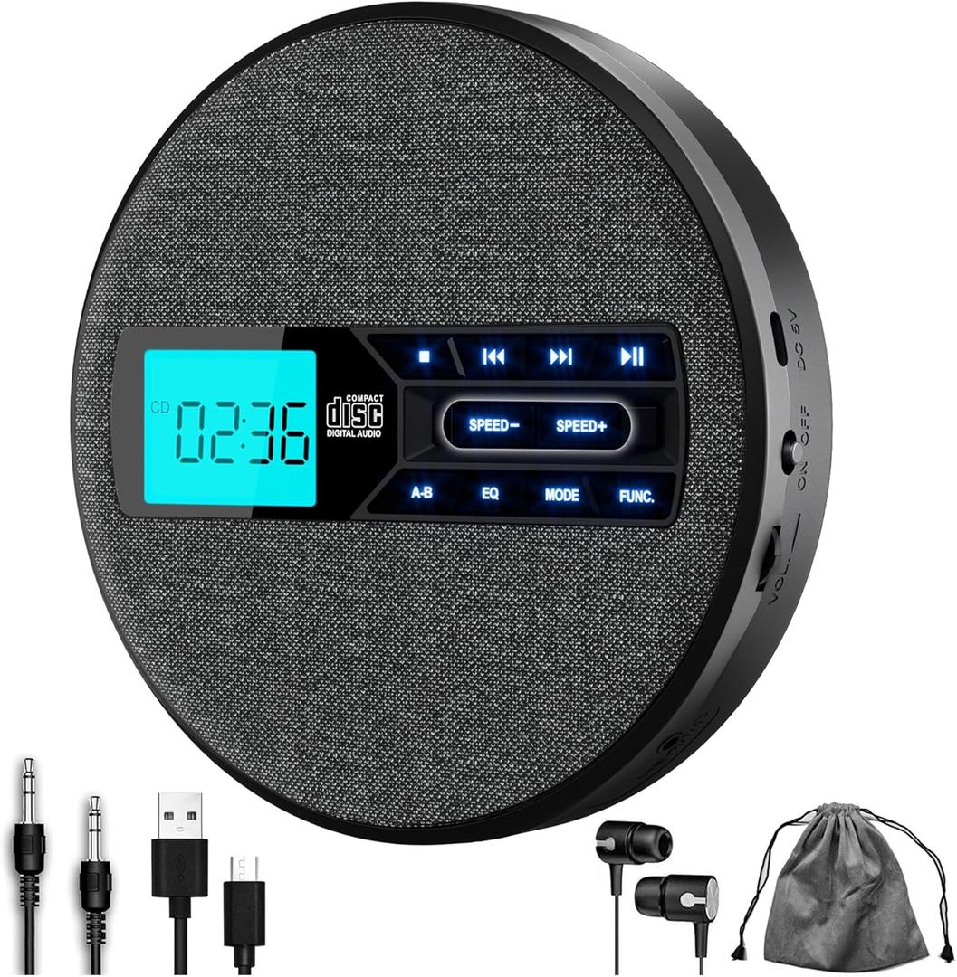 CD Player Portable, Rechargeable Portable CD Player with Dual Speakers and Anti Skip,CD,USB,AUX,LCD Display,Backlit Button,5 EQ,A-B Repeat,10 Speeds for Home Car Fabric, Black