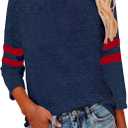 Womens 3/4 Sleeve Fashion Crewneck Tops Patchwork Blouse Casual Loose Comfy Shirt (X-Large, 1 Navy Red)