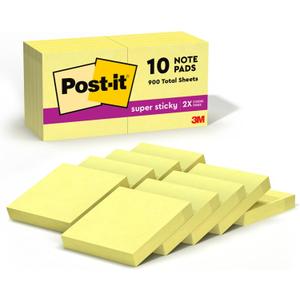 Post-it - MMM62210SSCY Super Sticky Notes, 2 in x 2 in, 10 Pads, 2x the Sticking Power, Canary Yellow, Recyclable (622-10SSCY)