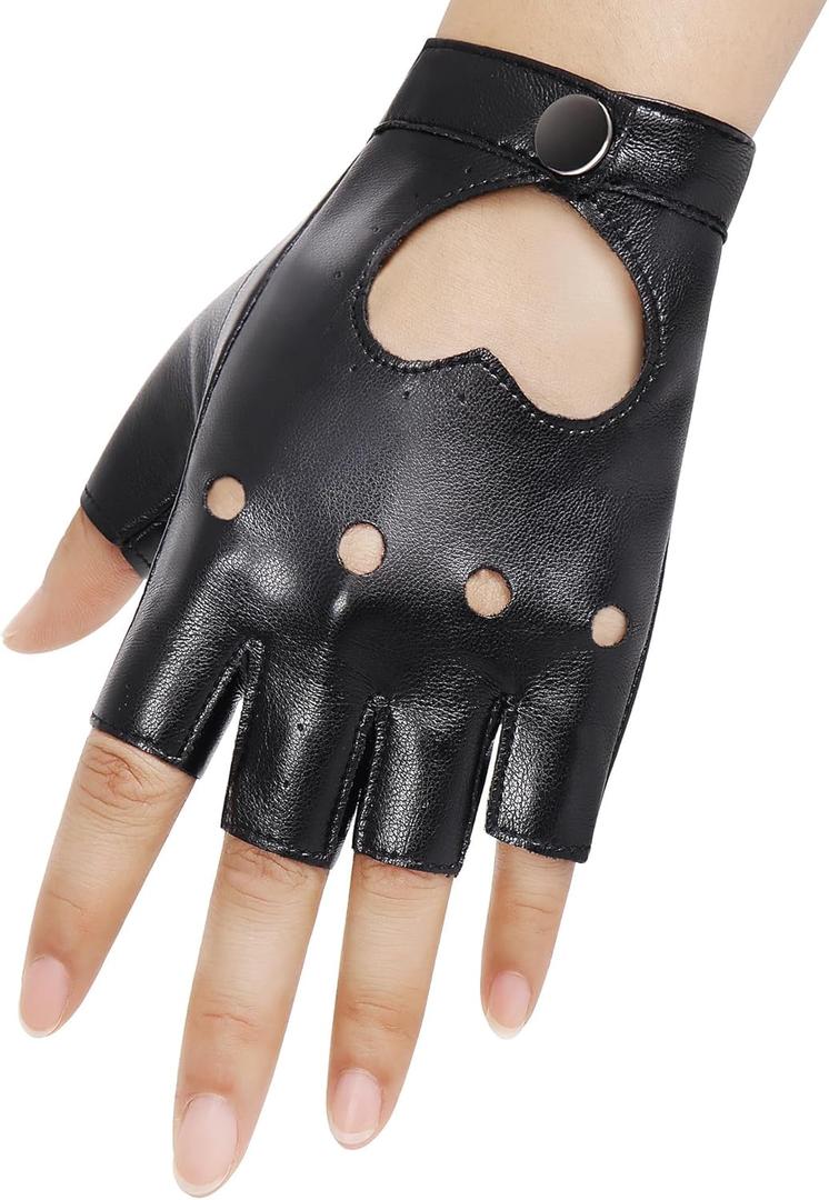 Black Fingerless Gloves PU Faux Leather Women's Driving Gloves Outdoor Sports Goth Cosplay Halloween Costume