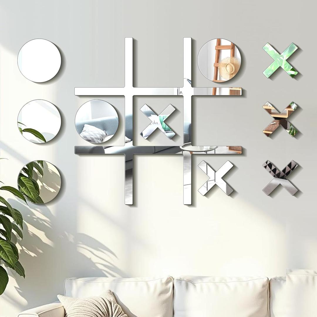 11pcs Tic Tac Toe Game Room Wall Decor with Hook Acrylic DIY Mirrored Wall -Mounted Set Included Tic Tac Toe 5 Round and Cross Mirror for Playroom Hallway Offices Decor Gift for Friends