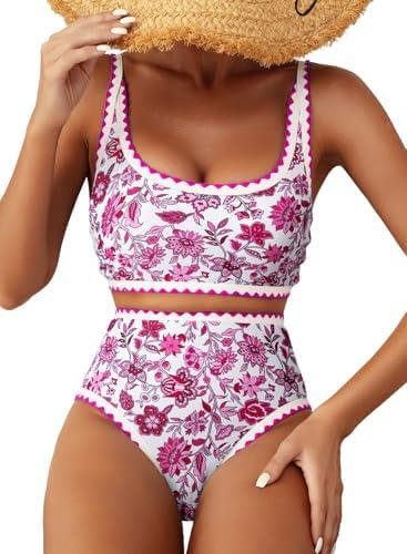 Herseas Women's Bikini Sets Floral Print Whip Stitch 2 Piece Swimsuits High Waisted Scoop Bathing Suits Medium