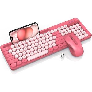 Wireless Keyboard and Mouse Combo, Retro Round Keycaps, Cute Full-Size Typewriter Keyboard with Phone Holder, Sleep Mode, Click Soft, 2.4GHz Cordless Connection for Windows/ PC/ Laptop (Pink-Colorful)
