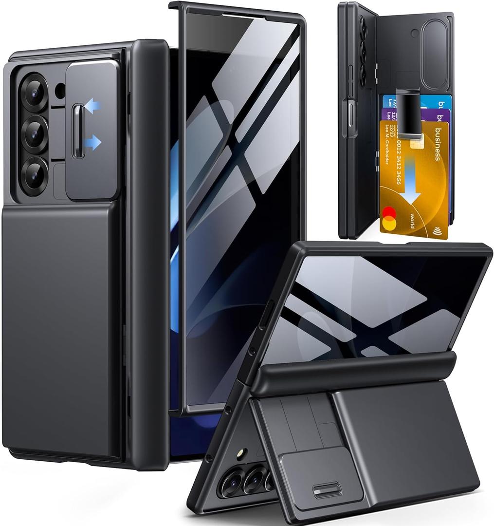 TONGATE Wallet for Z Fold 6 Case with Privacy Screen Protector, [Anti Spy][Card Holder] Built-in Kickstand & Camera Cover, Z6 Shockproof Phone Case for Samsung Galaxy Z Fold 6 (Black, No S Pen Slot)