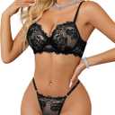 Lilosy Sexy Underwire Push Up Scallop Floral Lace Sheer Lingerie Set for Women Bra and Panty 2 Piece, Medium, Black Eyelash
