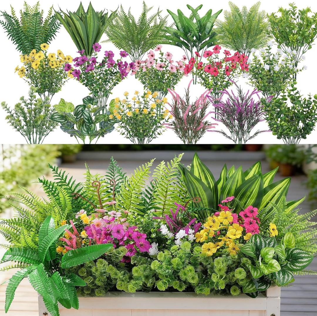 Alupssuc 24 Pcs Artificial Flowers and Plants,UV Resistant & No Fade Fake Plastic Greenery Shrubs for Home Garden, Pathway, Front Porch-Spring Summer Decor, Indoor/Outdoor Use,Rosy Purple Yellow Pink